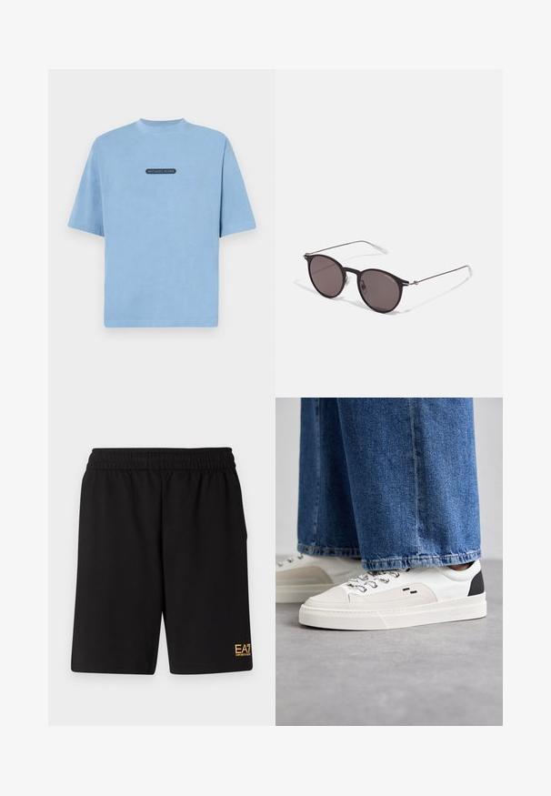 Hnědá falešná kožešinová bunda s vysokým límcem, plným zipem vpředu a dlouhými rukávy. Texturovaný povrch s jemným leskem.; Světle modré bavlněné tričko s krátkým rukávem, kulatým výstřihem a černou nášivkou s nápisem "MICHAEL KORS" uprostřed.; Černé sportovní šortky vyrobené z měkké látky, s elastickým pasem a malým žlutým logem EA7 na dolní části levé nohy.; Bílé a černé tenisky s hladkým koženým svrškem, texturovanými akcenty a robustní bílou podešví. Mají klasický design se šněrováním.; Černé kulaté sluneční brýle s tmavými skly a tenkými kovovými nohami. Obsahují průhledné koncovky nožiček a stříbrné akcenty na pantu. Minimalistický design.