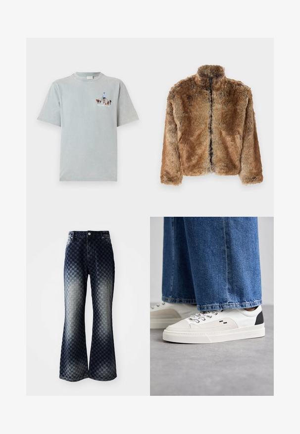 Ruda dirbtinė kailio striukė su aukštu apykaklės, visiškai užtraukiama priekyje ir ilgomis rankovėmis. Tekstūruotas paviršius su švelnia blizgesiu.; Šviesiai mėlynas medvilninis marškinėliai trumpomis rankovėmis ir apykakle, kuriame priekyje pavaizduota grafika su žmogumi, vedančiu šunis.; Platus džinsai su tamsiai šviesiu ombre languotu raštu, turintys užtrauktuką, klasikinį penkių kišenių dizainą ir sidabrinius aksesuarus.; Balti ir balti sportbačiai su lygaus odos paviršiumi, tekstūruotais akcentais ir masyviu baltu padu. Turi klasiką primenančią raištelių užsegimo sistemą.