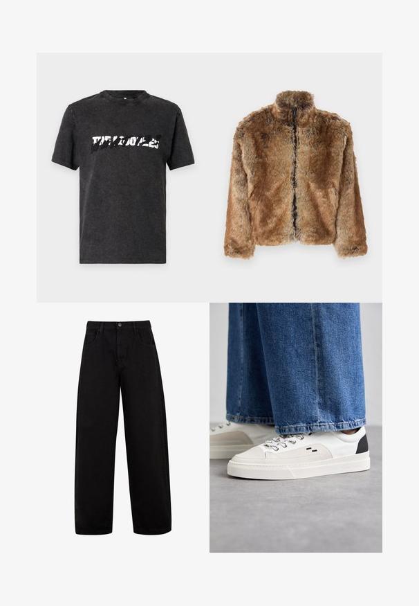 Ruda dirbtinė kailio striukė su aukštu apykaklės, visiškai užtraukiama priekyje ir ilgomis rankovėmis. Tekstūruotas paviršius su švelnia blizgesiu.; Juodas medvilninis marškinėliai su apvaliu kaklu, dekoruoti ryškiu, nusidėvėjusiu balto grafikos dizainu per krūtinę. Trumpomis rankovėmis.; Juodos plačios kojinės džinsinės kelnės, pagamintos iš džinsinio audinio, su priekinėmis kišenėmis, mygtuko užsegimu ir švariu, minimalistišku dizainu be matomų raštų.; Balti ir balti sportbačiai su lygaus odos paviršiumi, tekstūruotais akcentais ir masyviu baltu padu. Turi klasiką primenančią raištelių užsegimo sistemą.