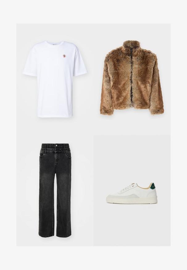 Brown faux fur jacket with a high collar, full zip front, and long sleeves. Textured surface with soft sheen.; White cotton T-shirt with short sleeves, round neckline, featuring a small embroidered design on the chest. Casual fit.; Wide-leg black denim jeans with a faded finish, featuring a button closure, five pockets, and contrasting stitching along the sides.; White sneaker with suede accents, rounded toe, flat laces, and a cream rubber sole. Features green branding on the heel.