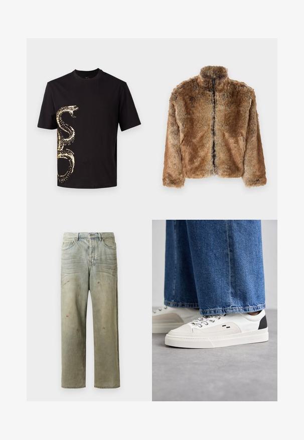 Ruda dirbtinė kailio striukė su aukštu apykaklės, visiškai užtraukiama priekyje ir ilgomis rankovėmis. Tekstūruotas paviršius su švelnia blizgesiu.; Juoda trumpa rankovė T-marškiniai, pagaminti iš medvilnės, su auksiniu gyvatės grafiniu dizainu priekyje. Apvali iškirptė ir laisvas siluetas.; Šviesiai žaliai nuvarytos džinsinės kelnes, su tiesiomis kojomis, penkių kišenių dizainu, nelygiai blukščiantis ir su dažų lašeliais.; Balti ir balti sportbačiai su lygaus odos paviršiumi, tekstūruotais akcentais ir masyviu baltu padu. Turi klasiką primenančią raištelių užsegimo sistemą.