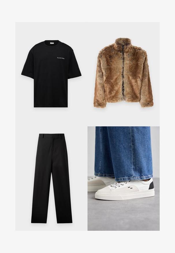 Brown faux fur jacket with a high collar, full zip front, and long sleeves. Textured surface with soft sheen.; Black cotton t-shirt with a relaxed fit, short sleeves, and a white "FILLING PIECES" logo on the left chest. Smooth texture.; Black trousers made of cotton with a straight-leg design, featuring a front button closure and side pockets. Smooth texture, no patterns.; White and black sneakers with a smooth leather upper, textured accents, and a chunky white sole. Features a classic lace-up design.