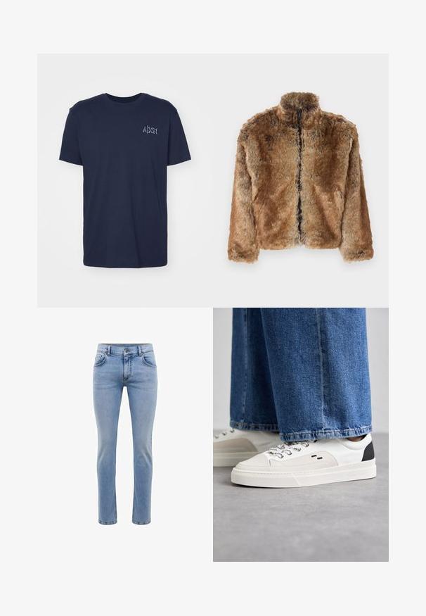 Brūns mākslīgās kažokādas žakets ar augstu apkakli, pilnu rāvējslēdzēju priekšā un garām piedurknēm. Strukturēta virsma ar maigu spīdumu.; Tums zils kokvilnas t-krekls ar īsām piedurknēm, apaļu kakla izgriezumu un mazu izšūtu logotipu kreisajā krūtīs. Klasiska piegriezte un gluda tekstūra.; Gai zila denima bikses ar šauru piegriezumu, piecām kabatām un taisnu kāju dizainu. Iekļautas rāvējslēdzēju aizdare un jostas cilpas. Mīksta tekstūra.; Balti un melni apavi ar gludu ādas virsu, teksturētiem akcentiem un masīvu baltu zoli. Iespējojot klasisku šņorējamu dizainu.