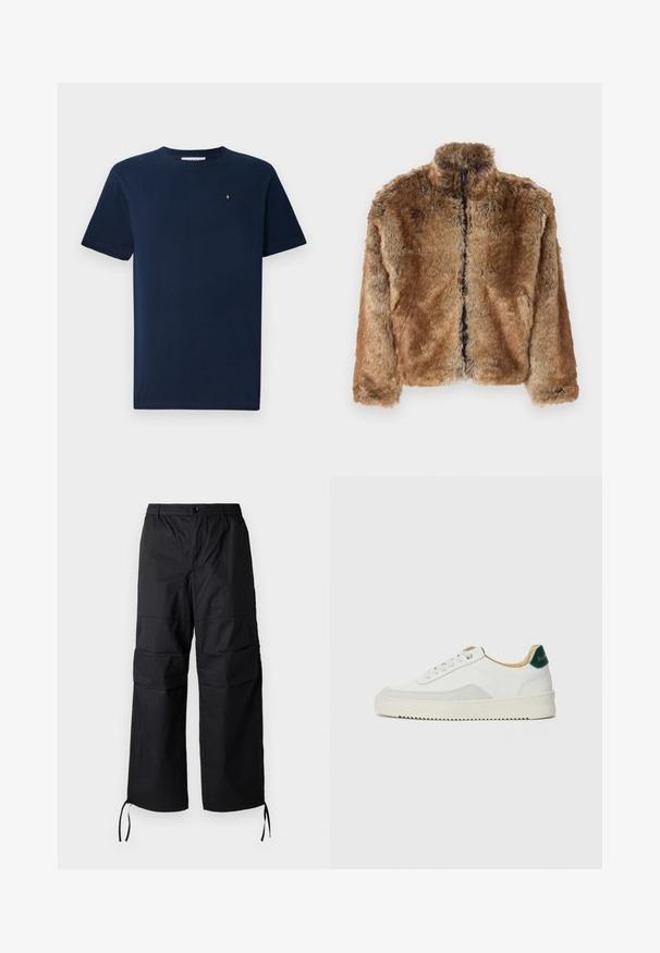 Giacca in finta pelliccia marrone con colletto alto, chiusura frontale con zip e maniche lunghe. Superficie testurizzata con una leggera lucentezza.; T-shirt blu navy a maniche corte in cotone, con colletto rotondo e un piccolo emblema bianco sul petto; texture liscia.; Pantaloni cargo neri realizzati in tessuto leggero, con gambe ampie, vita elastica e cordini regolabili alle caviglie. Due tasche laterali.; Sneaker bianco con accenti in camoscio, punta rotonda, lacci piatti e suola in gomma crema. Presenta un marchio verde sul tallone.