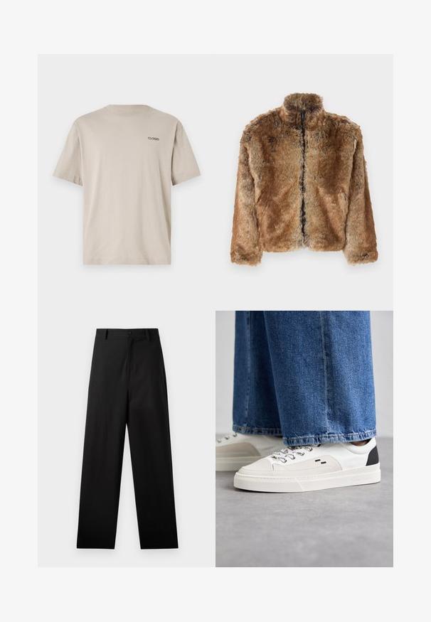 Brūns mākslīgās kažokādas žakets ar augstu apkakli, pilnu rāvējslēdzēju priekšā un garām piedurknēm. Strukturēta virsma ar maigu spīdumu.; Bēšas krāsas kokvilnas T-krekls ar īsām piedurknēm un apaļu kakla izgriezumu. Uz kreisā krūšu augšējā stūra ir maza izšūta "CLOSED" logo.; Melnas kokvilnas bikses ar taisnās kājas dizainu, kurām ir priekšējā pogu aizdare un sānu kabatas. Gluda tekstūra, bez rakstiem.; Balti un melni apavi ar gludu ādas virsu, teksturētiem akcentiem un masīvu baltu zoli. Iespējojot klasisku šņorējamu dizainu.