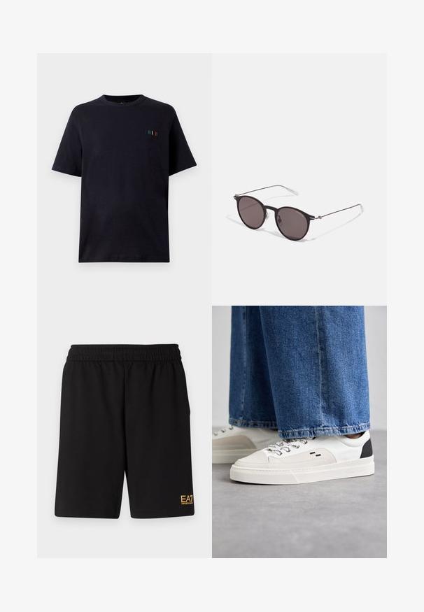 Hnědá falešná kožešinová bunda s vysokým límcem, plným zipem vpředu a dlouhými rukávy. Texturovaný povrch s jemným leskem.; Černé tričko s krátkým rukávem vyrobené z měkké bavlny, s malým vyšívaným akcentem s vertikálními pruhy v modré, zelené a červené barvě.; Černé sportovní šortky vyrobené z měkké látky, s elastickým pasem a malým žlutým logem EA7 na dolní části levé nohy.; Bílé a černé tenisky s hladkým koženým svrškem, texturovanými akcenty a robustní bílou podešví. Mají klasický design se šněrováním.; Černé kulaté sluneční brýle s tmavými skly a tenkými kovovými nohami. Obsahují průhledné koncovky nožiček a stříbrné akcenty na pantu. Minimalistický design.