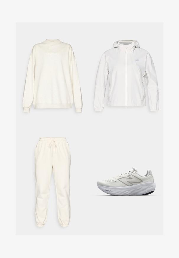White lightweight jacket with a full zipper, hood, elastic cuffs, and two side pockets. Features a subtle logo on the chest.; Cream-colored sweatshirt with a mock neckline, dropped shoulders, and long sleeves. Features the word "Fabletics" in light text on the front.; Cream-colored sweatpants made of soft fabric, featuring an elastic waistband with drawstring, side pockets, and tapered cuffs at the ankles.; White athletic shoes with a mesh upper, featuring a padded collar, textured sole, and the "Fresh Foam" branding on the midsole.