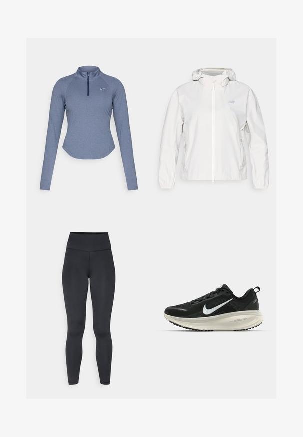 Weiße leichte Jacke mit durchgehendem Reißverschluss, Kapuze, elastischen Bündchen und zwei Seitentaschen. Besitzt ein dezentes Logo auf der Brust.; Langärmliges, zip-up Sportoberteil aus einem melierten blauen Stoff mit einem Stehkragen und einem dezenten Nike-Logo auf der linken Brust.; Hoch geschnittene schwarze Leggings aus dehnbarem Material, mit glatter Textur und enganliegendem Design, minimalen Nähten.; Schwarzer Nike-Laufschuh mit atmungsaktivem Mesh-Obermaterial, weißem Swoosh-Logo, strukturierten Details und einer cremefarbenen ZoomX-Zwischensohle.