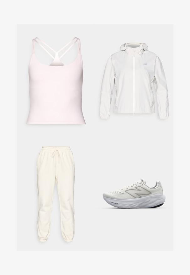 White lightweight jacket with a full zipper, hood, elastic cuffs, and two side pockets. Features a subtle logo on the chest.; Fabletics PRINCIPAL BUILT IN BRA TANK - Top - sugar pink; Cream-colored sweatpants made of soft fabric, featuring an elastic waistband with drawstring, side pockets, and tapered cuffs at the ankles.; White athletic shoes with a mesh upper, featuring a padded collar, textured sole, and the "Fresh Foam" branding on the midsole.