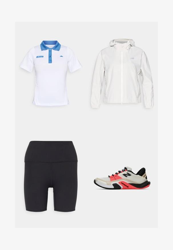 Fehér, könnyű dzseki teljes cipzárral, kapucnival, elasztikus mandzsettával és két oldalsó zsebbel. Diszkrét logó található a mellkason.; Fehér póló kék gallérral és gombos kivágással. Kék logó részletek találhatók a mellkason és az oldalon. Simára szőtt anyag.; Fekete sportnadrág, rugalmas anyagból készült, magas derékrésszel, sima textúrával, és látható minták vagy fémalkatrészek nélkül.; New Balance MINIMUS TR - Edzőcipő - sea salt