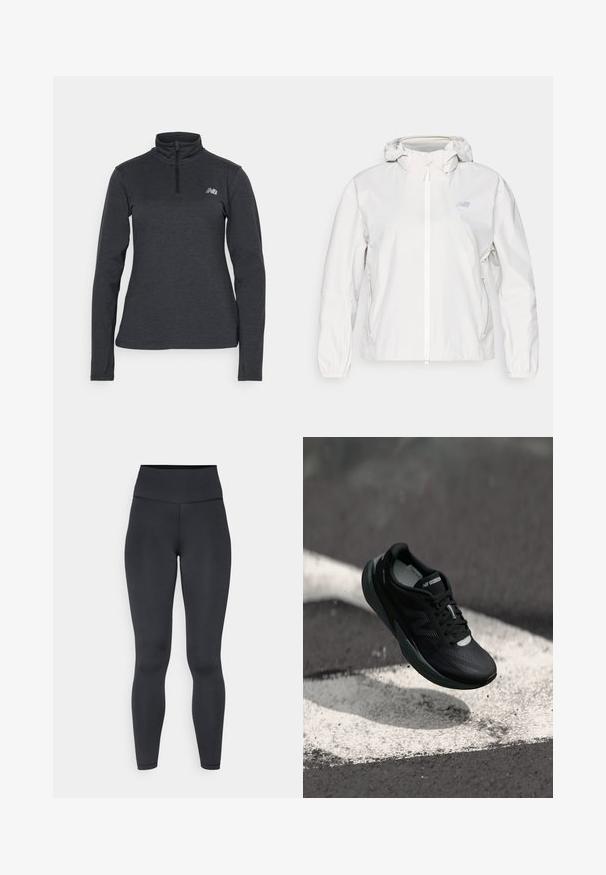 Fehér, könnyű dzseki teljes cipzárral, kapucnival, elasztikus mandzsettával és két oldalsó zsebbel. Diszkrét logó található a mellkason.; Sötét szürke, negyedcipzáras, hosszú ujjú póló. Puha, texturált anyag, kicsi, fényvisszaverő logóval a bal mellrészen. Minimalista design.; Magas derekú fekete leggings, rugalmas anyagból készült, sima textúrával és testhezálló dizájnnal, minimális varrási részletekkel.; Fekete futócipő textúrált felsőrésszel, karcsú dizájnnal és fényvisszaverő részletekkel. Puha, párnázott talppal a kényelem érdekében.