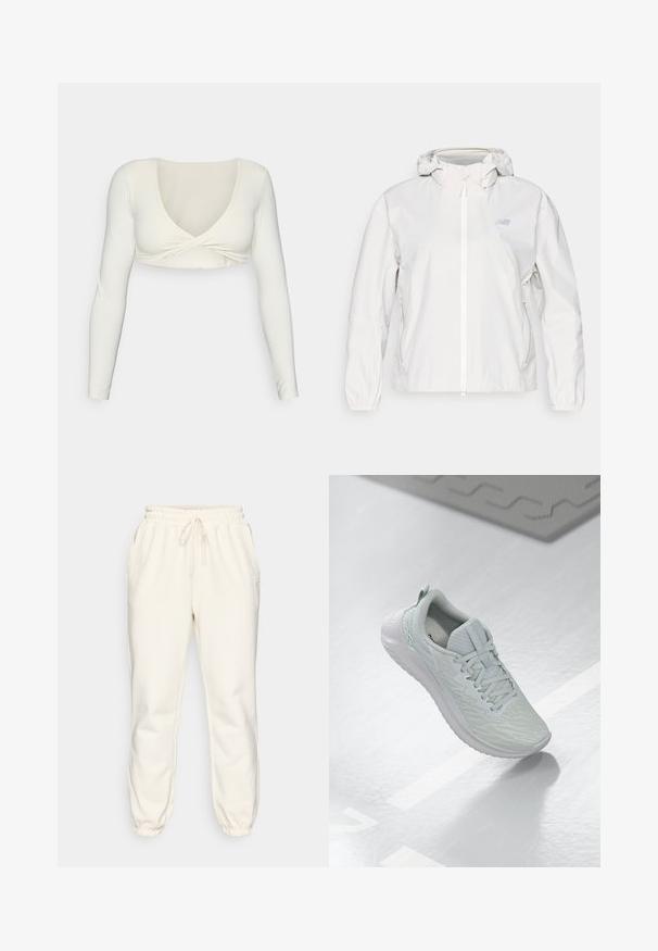 Hvid letvægtsjakke med fuld lynlås, hætte, elastiske manchetter og to sidelommer. Har et diskret logo på brystet.; Hvid langærmet crop top med dyb V-udskæring og twistet frontdesign, lavet af et glat, strækbart stof.; Cremefarvede sweatpants lavet af blødt stof, med en elastisk talje med snøre, sidelommer og snævre cuffs ved anklerne.; Lys grå atletisk sko med en struktureret mesh-overdel, snørebånd, polstret sål og minimal branding.