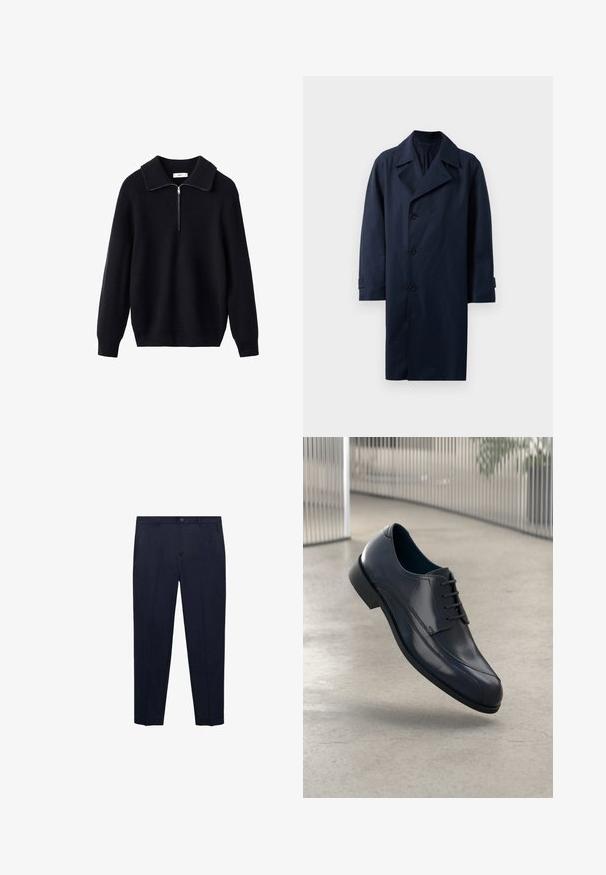 Cappotto trench navy con design doppiopetto, ampie rever, cinque bottoni e maniche lunghe. Realizzato in tessuto liscio e resistente.; Maglione nero lavorato a maglia con una texture a coste, un ampio colletto e una zipper a metà lunghezza sul davanti. Maniche lunghe e vestibilità rilassata.; Pantaloni blu navy realizzati in tessuto liscio, con una vestibilità dritta, vita standard con bottone e tasche laterali discrete.; Scarpa da cerimonia in pelle nera lucida con lacci, sospesa sopra un pavimento grigio chiaro e con barre metalliche verticali sullo sfondo.