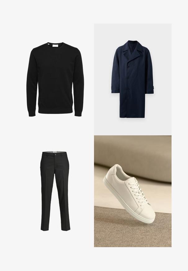 Marineblå trenchcoat med dobbeltradet design, brede revers, fem knapper og lange ermer. Laget av glatt, slitesterk tekstil.; Svart strikkegenser, rund hals, lange ermer, ribbestrikkede mansjetter og hem. Enkel design, glatt tekstur, ingen synlige mønstre eller detaljer.; Sorte bukser, skræddersyet pasform, glat stof, mellemhøj talje, knaplukning foran, skrå lommer og pressefold detaljer ned ad benene.; Hvit lær sneaker med hvite snørebånd, vist på en beige teksturert overflate med myk uskarp bakgrunn.