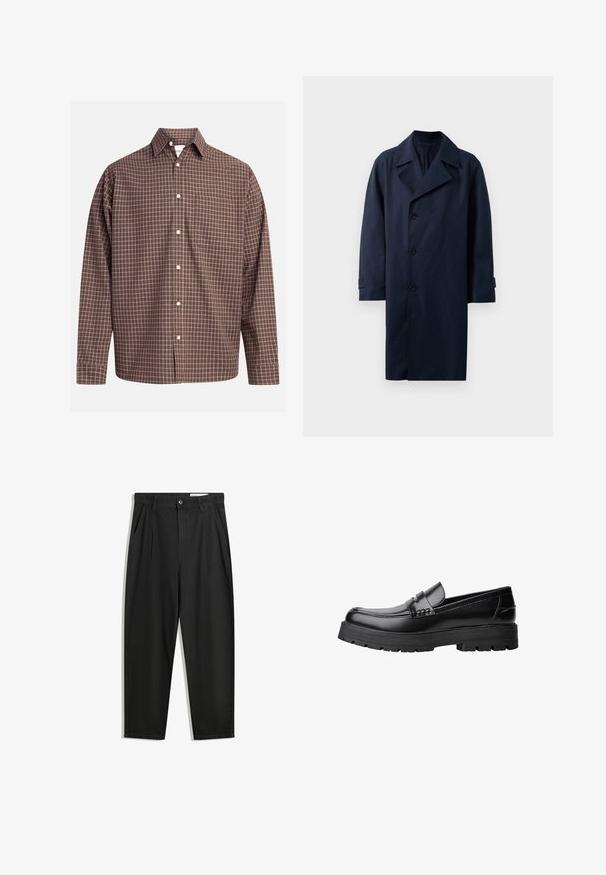 Marinblå trenchcoat med dubbelknäppning, breda slag, fem knappar och långa ärmar. Tillverkad av ett slätt, hållbart tyg.; Brun rutig knäppskjorta med långa ärmar, som har en bröstficka och vita knappar på ett texturerat tyg.; Svarta bomullsshorts med avslappnad passform, med en klassisk midja, framveck och sidfickor. Slät textur utan mönster.; Svart läderloafer med kraftig mönstrad sula och dekorativ rem över framtill, visad i vänster sidoprofil på vit bakgrund.