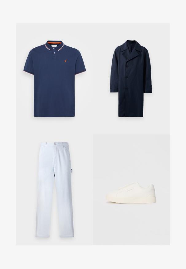 Abrigo de trench navy con diseño de doble botonadura, amplios solapas, cinco botones y mangas largas. Hecho de tela suave y duradera.; Polo de color azul marino hecho de algodón, con una tapeta de dos botones, mangas cortas y un ribete en el cuello de color rojo y blanco. Presenta un pequeño logotipo naranja.; Pantalones rayados de color azul claro hechos de algodón. Diseño de pierna recta, con cierre de botón en la parte delantera y bolsillos laterales. Textura suave.; Zapatillas blancas tipo slip-on con una superficie texturizada, suela gruesa y diseño minimalista. Presenta el logo de la marca en un lado.