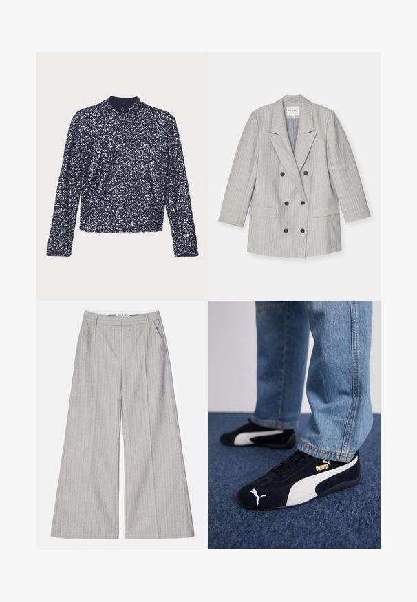 Grey double-breasted blazer with vertical pinstripes, featuring a notched lapel, two front pockets, and black buttons. Lined interior.; Navy sequin blouse with long sleeves, high collar, and a back zipper. Features a textured surface with densely arranged shiny sequins.; Gray wide-leg trousers with vertical pinstripes, featuring a smooth texture and subtle shimmer. Includes front pockets and a waistband.; Black suede sneakers with white accents, featuring a gold logo. Worn with light blue denim jeans and set on a textured blue surface.
