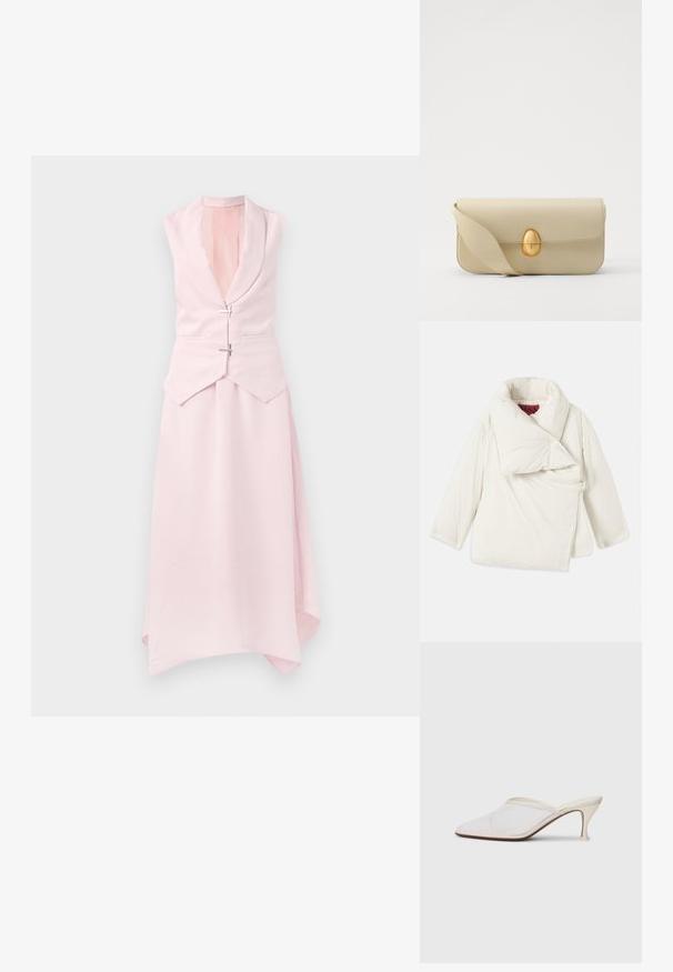 Balta pūkinė striukė su didele sulenkta apykakle, asimetriniu dizainu ir šoniniu uždarymu, kuriame yra metalinis žiedas. Lygus, blizgus paviršius.; Šviesiai rožinė be rankovių suknelė su šalikiniu apykakle, asimetrine apačia ir dviem dekoratyviais sidabriniais sagtimis ties juosmeniu. Lygus, tekstūruotas audinys.; Baltos tinklelio smailiakojės mules su plonu vidutinio aukščio kulnu ir užkulnio dizainu ant vientiso fono.; Bežinė odinė rankinė su lygiu paviršiumi, stačiakampio formos ir auksiniu ovaliu užsegimu. Yra ilga, reguliuojama petneša.