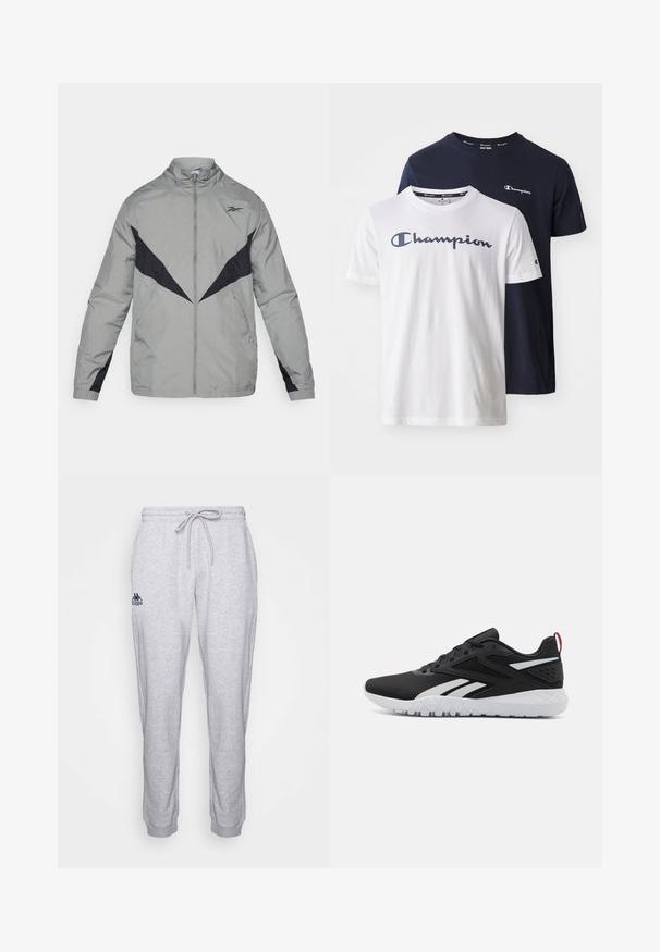 Corta-vento leve, cinza, com detalhes pretos. Apresenta um colarinho alto, fecho éclair frontal e padrões de design contrastantes no peito e nas mangas.; Duas t-shirts de mangas curtas, uma branca com o logótipo azul-marinho e uma azul-marinho com o logótipo branco, feitas de algodão com decote redondo e corte regular.; Kappa Calças de fato de treino - high rise melange; Roupas de atletismo pretas com um acabamento em rede, detalhes em branco, sola texturizada e uma aba no calcanhar vermelha para um toque adicional.