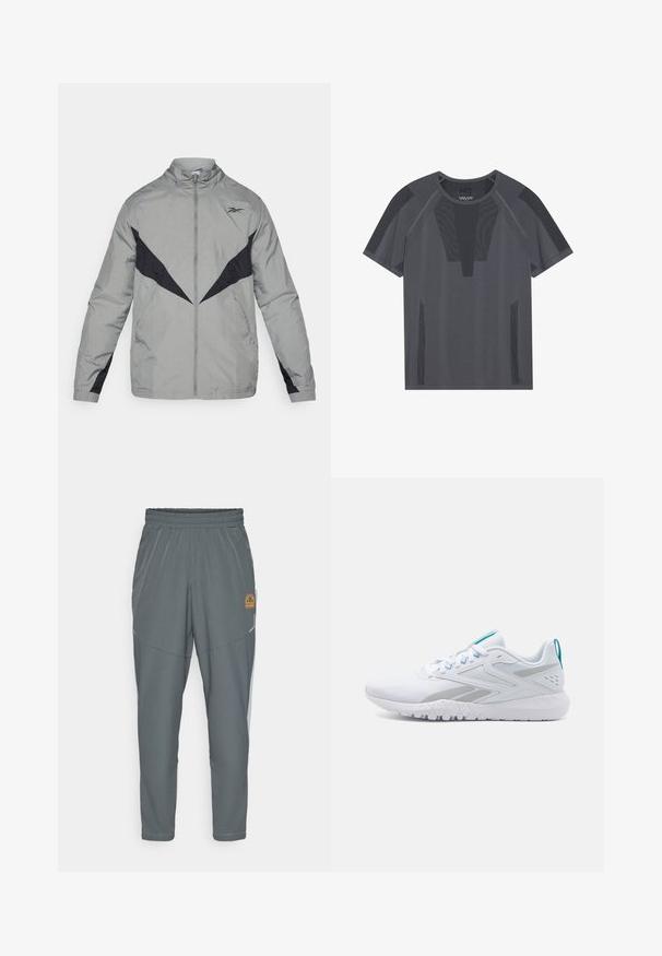 Corta-vento leve, cinza, com detalhes pretos. Apresenta um colarinho alto, fecho éclair frontal e padrões de design contrastantes no peito e nas mangas.; T-shirt atlético cinza com mangas curtas, apresentando painéis de malha texturizada e um decote redondo, projetado para respirabilidade e conforto.; Calças atléticas cinzentas com uma cintura elástica, design afunilado, detalhes refletivos e um pequeno logótipo amarelo na parte frontal da coxa esquerda.; Reebok FLEXAGON ENERGY TR 4 - Sapatilha de treino - footwear white/grey1/kinetic blue