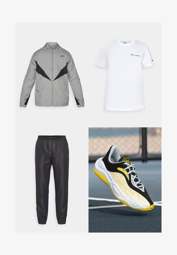 Könnyű, szürke szélvédő fekete akcentusokkal. Magas gallérral, elülső cipzárral és kontrasztos dizájnmintákkal a mellkason és az ujjakon rendelkezik.; Fehér pamut póló kerek nyakkivágással, rövid ujjakkal, és fekete hímzett "Champion" logóval a mellkason és az ujjon.; Fekete szatén sportnadrág, elasztikus derékpánttal és mandzsettákkal. A bal combján tónusos logó található. Könnyű és sima textúrájú.; Fekete, fehér és sárga sportcipő "Curry" felirattal, lebeg egy kék sportpálya felett, fehér vonalakkal és láncos kerítéssel a háttérben.