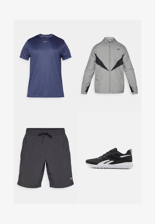 Lichte, grijze windbreak met zwarte accenten. Voorzien van een hoge kraag, een ritssluiting aan de voorkant en contrasterende ontwerppatronen op de borst en mouwen.; Navyblauwe sportieve T-shirt met korte mouwen, gemaakt van gladde, rekbare stof. Voorzien van een ronde halslijn en een subtiele logo op de borst.; Zwarte sportshorts met een elastische tailleband en koord. Gladde stof, knielang, met een klein wit logo aan de onderzijde rechts.; Zwarte sportieve schoenen met een bovenkant van mesh, witte accenten, een gestructureerde zool en een rode hieltab voor extra detail.