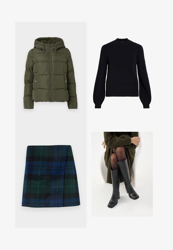 Olive green puffer jacket with a hood, zip closure, and side pockets. Features horizontal quilted pattern and adjustable drawstring around the hood.; Black knit sweater with a crew neckline, full-length puff sleeves, and ribbed cuffs and hem. Soft texture with minimalistic design.; Plaid skirt featuring dark green, blue, and black colors, a straight cut, and a soft texture with a structured shape.; Knee-high black leather boots with a squared toe and block heel, shown with a model seated in an olive green coat. Smooth texture, minimal detailing.