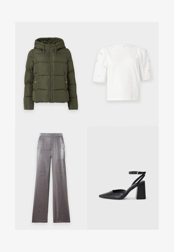 Olivgrön puffjacka med huva, dragkedjestängning och sidofickor. Utrustad med horisontellt quiltat mönster och justerbar dragsko runt huvan.; Vit bomulls t-shirt med korta puffärmar, prydd med små silverdetaljer längs ärmarna. Klassisk rund halsringning, avslappnad passform.; Breda byxor i ett glänsande, silverfärgat tyg. Har en slät yta med en platt midja och inga synliga fickor.; Svart läderpumps med spetsig tå, ankelrem och kraftig klack. Slät textur, stilren design och minimalistisk estetik.