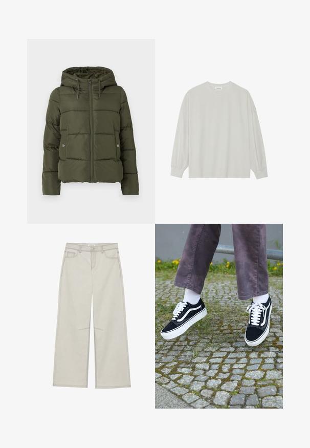 Olivovo zelená puffovacia bunda s kapucňou, so zipsom a bočnými vreckami. Má horizontálny prešívaný vzor a nastaviteľné šnúrky okolo kapucne.; Svetlošedé tričko s dlhým rukávom vyrobené z jemnej bavlny. Má voľný strih, okrúhly výstrih a jemne náramkové manžety. Bez vzorov alebo grafiky.; Svetlošedé nohavice s voľným strihom, s piatimi vreckami, so zapínaním na prednom gombíku a kontrastným prešívaním pozdĺž švov. Tkanina vyzerá mäkko a odolne.; Čierne semišové tenisky s bielymi akcentmi, s okrúhlou špičkou, hrubou bielou podrážkou a klasickým šnurovacím dizajnom, kombinované s bielymi ponožkami a fialovými nohavicami.