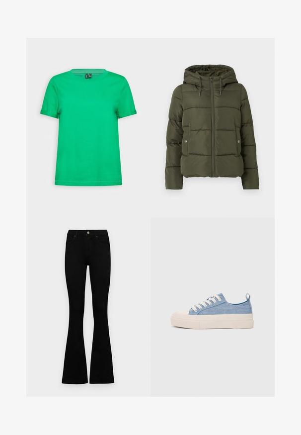 Jachetă puffer de culoare verde măslinie, cu glugă, închidere cu fermoar și buzunare laterale. Are un model cusut orizontal și șnur ajustabil în jurul glugii.; Tricou verde din bumbac, cu guler cerc și mâneci scurte. Textură netedă, culoare uniformă și tiv drept. Fără modele sau accesorii.; Jeans negri cu talie înaltă, cu închidere prin nasture și fermoar, buzunare frontale și picioare evazate, așezați pe un fundal alb.; Sneakers din pânză de culoare albastru deschis, cu vârf și talon din cauciuc crem, având șireturi albe și un maner pe călcâi.