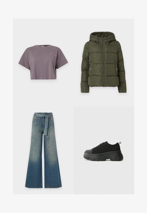 Olivově zelená péřová bunda s kapucí, zipovým uzávěrem a bočními kapsami. Vybavena horizontálním prošíváním a nastavitelnou šňůrkou kolem kapuce.; Zkrácený šedý tričko z bavlny. Má kulatý výstřih a krátké rukávy. Na přední levé straně se nachází barevné logo textu "OZZY OSBOURNE".; Džínové kalhoty širokého střihu s přechodem od světlé k tmavě modré, vysokým pasem, poutky na opasek a odpovídajícím opaskem ze stejného materiálu. Texturovaná džínovina.; Černé tenisky s robustní gumovou podrážkou, vrchní část z texturované tkaniny, kulatá špička a šněrovací design. Obsahují zesílené okraje pro tkaničky a poutko na zadní straně.