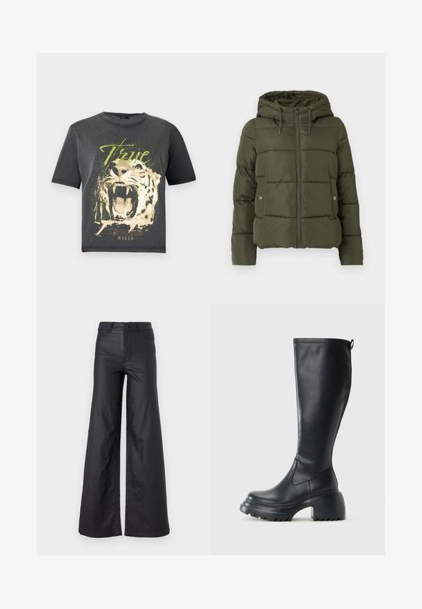 Olívazöld puffernadrág kapucnival, cipzáros záródással és oldalsó zsebekkel. Jellemzője a vízszintes tűzött minta és a kapucni körüli állítható húzózsinór.; JDY JDYFAROCK ELINA - Nyomott mintás póló - black; Fekete, bő szabású nadrág mesterséges bőrből. Jellemzője a magas derék, övhurkok, két elülső zseb és varrott részletek.; Magas fekete bőrcipő, vastag platform talppal és blokk sarokkal, húzófüllel és texturált profillal az outsole-on.