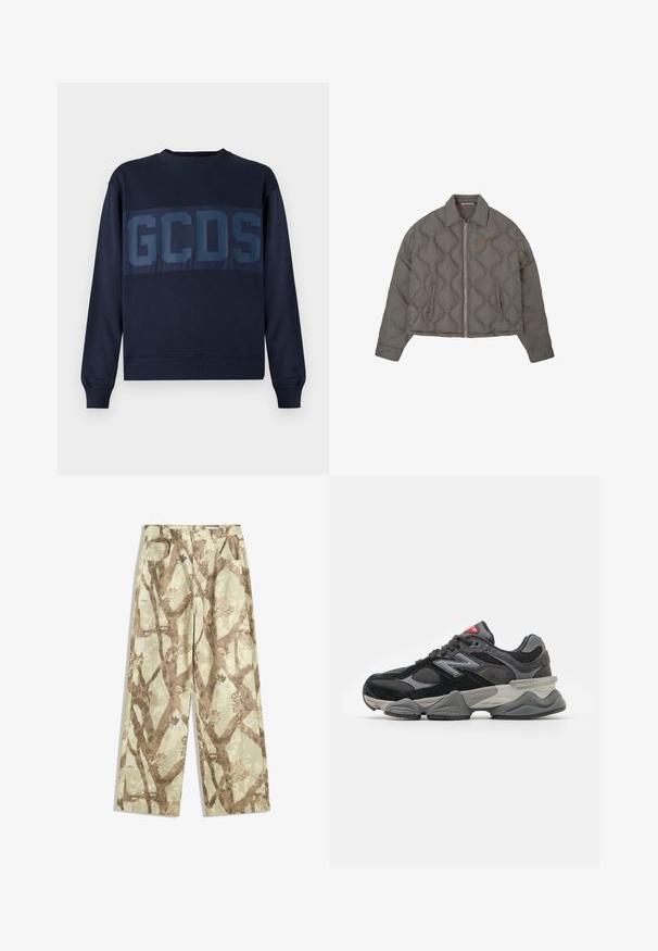 Grijze gewatteerde jas met een rits aan de voorkant, kraag en twee zijzakken, met een klein geborduurd embleem op de borst.; Navy katoen sweatshirt met lange mouwen, voorzien van een gedurfde "GCDS"-logo in een glanzende afwerking over de borst in een contrasterende donkerdere tint.; Broek van lichtgewicht stof in een lichtgroene tint, met een bruin takpatroon, wijd model en twee voorzakken.; Zwarte en grijze sneaker met een mix van suede en mesh materialen, dikke zool, opvallend logo en een rode accent op de tong.
