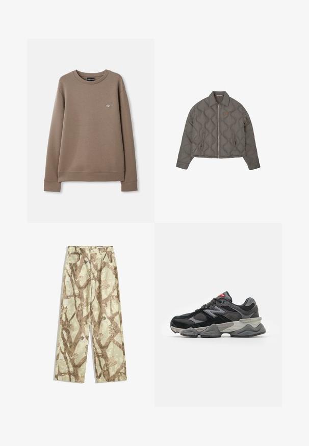 Sivé prešívané sako s predným zipsom, golierom a dvoma bočnými vreckami, ktoré má malé vyšívané emblém na hrudi.; Hnedá dlhá mikina s okrúhlym výstrihom a dlhými rukávmi, s malou nášivkou loga Emporio Armani na ľavej hrudi, zobrazená na jednoduchom bielom pozadí.; Nohavice vyrobené z ľahkej tkaniny v svetlozelenej farbe, so vzorom hnedých vetiev, širokým strihom a dvoma prednými vreckami.; Čierne a šedé tenisky s kombináciou semišu a sieťoviny, hrubou podrážkou, výrazným logom a červeným akcentom na jazyku.