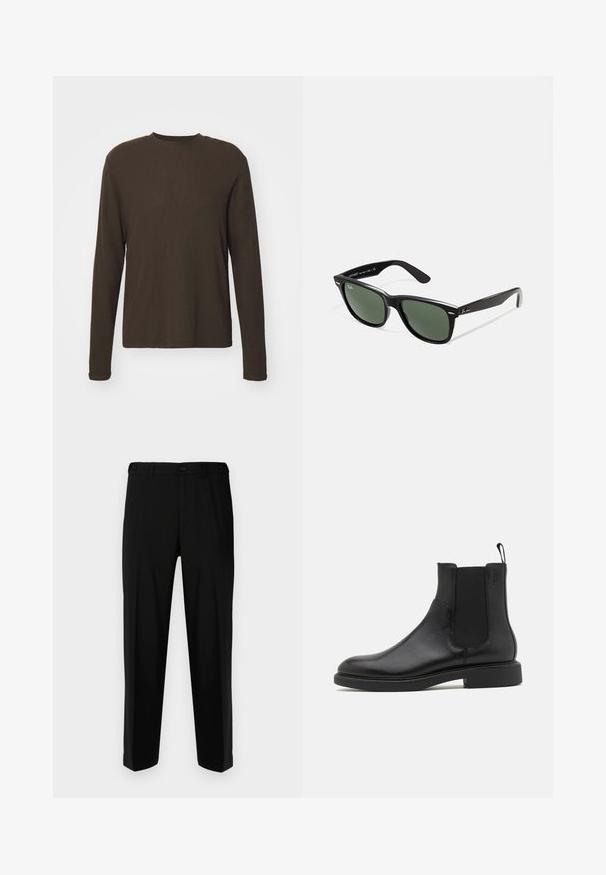 Pelēka gobelēta jaka ar priekšējo rāvējslēdzēju, apkakli un divām sānu kabatām, ar mazu izšūtu emblēmu uz krūšu.; Tumši brūna garām piedurknēm kreklā ar apaļu izgriezumu. Izgatavots no gludas, elastīgas auduma ar taisnu griezumu un minimāliem šuvēm. Bez rakstiem vai akcentiem.; Melnas bikses no gludas auduma, ar taisnu griezumu, divām priekšējām kabatām un ar rāvējslēdzēju un pogu aizdari.; Melna ādas potīšu zābaks ar gludu tekstūru, elastīgiem sānu paneļiem un cilpas pievilkšanai. Apaļa purngala forma un plakana gumijas zole ar minimālu rakstu.; Melnas plastmasas saulesbrilles ar zaļiem lēciem, kvadrātveida rāmjiem, sudrabainu akcentu uz uzacīm un teksturētām tempļu kājām. Zīmols norādīts uz iekšējās kājas.