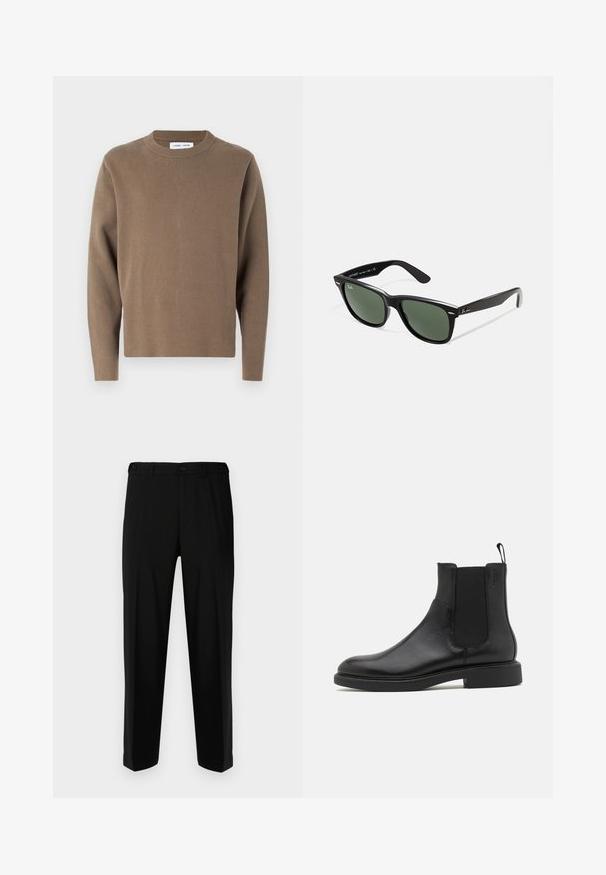 Hallhall huvipluusi, millel on esitõmblukk, krae ja kaks küljetaskut, ning millel on rindkerel väike tikitud emblem.; Pruun kudumistööde särk, millel on ümmargune kaelus ja pikad varrukad. Sile tekstuur, veidi üle suuruse sobivus ja minimalistik disain.; Mustadest lõngast valmistatud püksid sujuva kangaga, sirge lõikega, kahe esipocketiga ja lukuga nööbiga kinnitatud.; Must musta nahkasaapad sujuva pinnaga, elastsete külgpaneelidega ja tõmblukuga. Ümmargune varvas ja lamedad kummist tallad, millel on minimaalne kulumus.; Mustad mustan plastiku prillid roheliste läätsedega, ruudukujulised raamid, hõbedane aksent kulmude peal ja tekstuuriga tempelkäed. Brändi nimi on märgitud sisevarrele.