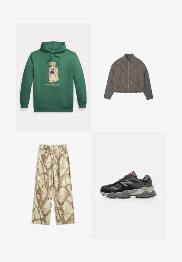 Szara pikowana kurtka z zapięciem na suwak z przodu, kołnierzykiem i dwiema bocznymi kieszeniami, z małym haftowanym emblematem na klatce piersiowej.; Zielona bluza z kapturem, z centralnym wzorem przedstawiającym ubranego niedźwiedzia. Wykonana z materiału mieszanki bawełny, z prążkowanymi mankietami i wykończeniem dołu.; Spodnie wykonane z lekkiego materiału w jasnym zielonym odcieniu, zdobione brązowym wzorem gałęzi drzewa, w szerokim kroju oraz z dwiema przednimi kieszeniami.; Czarno-szare sneakersy z połączeniem materiałów zamszowych i siateczkowych, gruba podeszwa, wyraźne logo oraz czerwony akcent na języku.