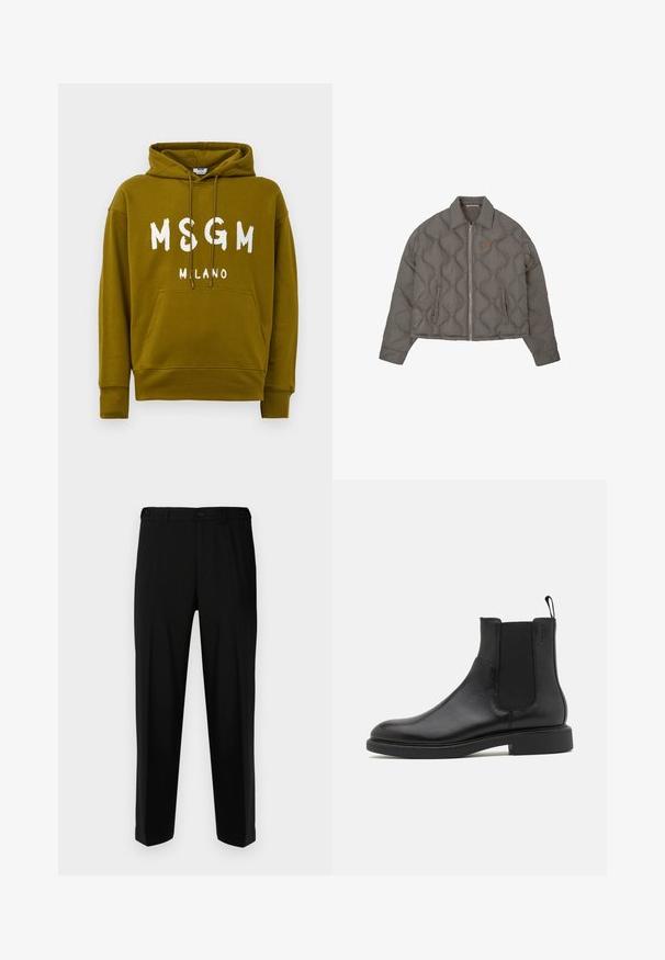 Szara pikowana kurtka z zapięciem na suwak z przodu, kołnierzykiem i dwiema bocznymi kieszeniami, z małym haftowanym emblematem na klatce piersiowej.; Oliwkowa bluza z kapturem z białym napisem "MSGM MILANO" z przodu, z kieszenią kangurką z przodu i sznurkiem do regulacji kaptura.; Czarne spodnie wykonane z gładkiego materiału, o prostym kroju, z dwoma przednimi kieszeniami oraz zapięciem na zamek błyskawiczny i guzik.; Czarny skórzany botek za kostkę o gładkiej fakturze, z elastycznymi bocznymi panelami i pętelką do zakupu. Okrągły nosek i płaska gumowa podeszwa z minimalnym bieżnikiem.