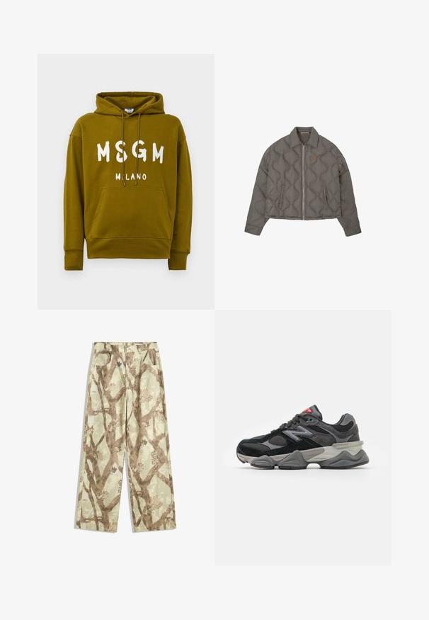 Grijze gewatteerde jas met een rits aan de voorkant, kraag en twee zijzakken, met een klein geborduurd embleem op de borst.; Olijfgroene hoodie met de tekst "MSGM MILANO" in het wit aan de voorkant, voorzien van een voorste kangoeroezak en een capuchon met trekkoord.; Broek van lichtgewicht stof in een lichtgroene tint, met een bruin takpatroon, wijd model en twee voorzakken.; Zwarte en grijze sneaker met een mix van suede en mesh materialen, dikke zool, opvallend logo en een rode accent op de tong.