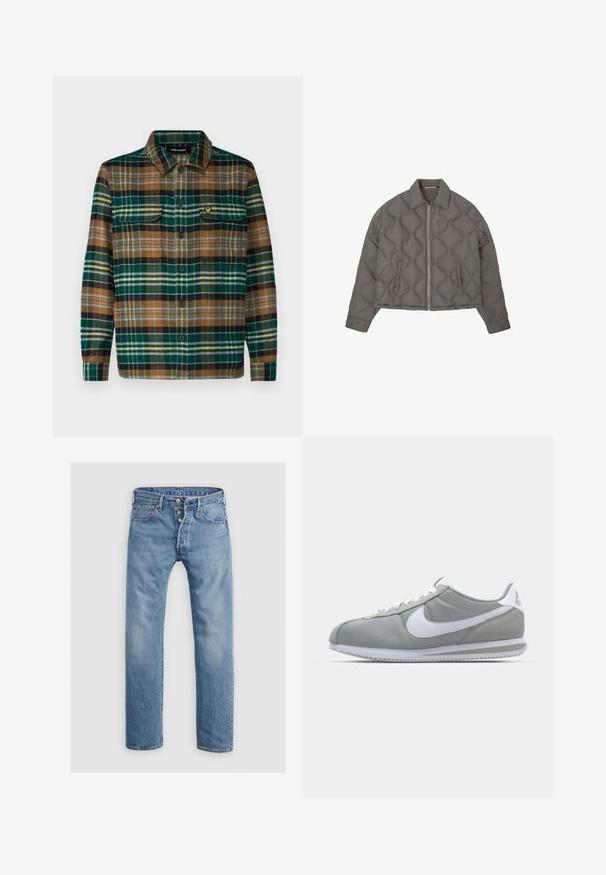 Sivé prešívané sako s predným zipsom, golierom a dvoma bočnými vreckami, ktoré má malé vyšívané emblém na hrudi.; Kockovaná flanelová košeľa v zelenej, hnedej a čiernej farbe so zapínaním na gombíky, dvoma náprsníkmi a malou vyšitou nálepkou na ľavom vrecku.; Svetlo modré džínsy s rovnými nohavicami, piatimi vreckami a zapínaním na gombík. Obsahujú jemné oblečenie a vyšívacie detaily.; Sivé športové tenisky s vrchom z semišu a textilu, bielym logom Nike a bielymi šnúrkami. Majú štruktúrovanú gumenú podrážku a polstrovaný golier.