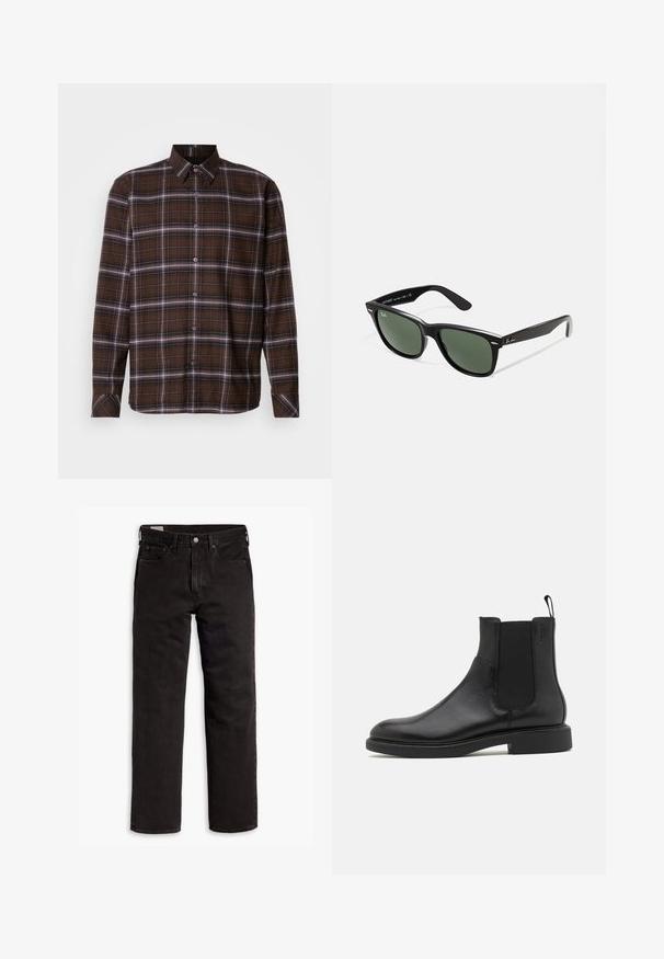 Giubbotto grigio trapuntato con zip frontale, colletto e due tasche laterali, con un piccolo emblema ricamato sul petto.; Camicia a maniche lunghe a quadri marrone con strisce bianche e nere, colletto a punta e polsini con bottone su sfondo neutro.; T-shirt bianca a maniche corte realizzata in morbido cotone. Presenta un collo rotondo e un orlo dritto con dettagli minimi.; Jeans in denim neri a gamba dritta con cinque tasche, chiusura a bottone e passanti per cintura, adagiati su uno sfondo bianco.; Stivale alla caviglia in pelle nera con texture liscia, pannelli laterali elastici e una linguetta per il tallone. Punta rotonda e suola piatta in gomma con minimo battistrada.; Occhiali da sole in plastica nera con lenti verdi, montatura quadrata, dettaglio argento sulla parte superiore e steli con texture. Marchio indicato sulla parte interna dello stelo.