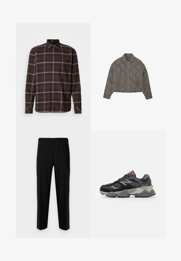 Szürke steppelt dzseki elöl cipzárral, gallérral és két oldalzsebbel, mellrészen egy kis hímzett emblémával.; Barna kockás, hosszú ujjú, gombos ing fehér és fekete csíkokkal, hegyes gallérral és gombos mandzsettával semleges háttéren.; Fekete nadrág sima anyagból, egyenes szabással, két elülső zsebbel és cipzáras, gombos záródással.; Fekete és szürke sportcipő, amely velúr és hálós anyagok keverékéből készült, vastag talppal, hangsúlyos logóval és piros akcentussal a nyelvén.