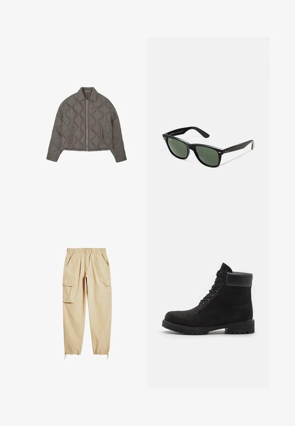 Grå quiltet jakke med frontlynlås, krave og to sidelommer, med et lille broderet emblem på brystet.; To korteærmede t-shirts, en hvid og en sort, med design med høj hals lavet af blødt bomuldsstof.; Beige cargo bukser lavet af letvægtsstof, med en elastisk talje, sidelommer og snørre ved anklen. Indeholder trykt tekst.; Sorte snørebåndsstøvler til anklen med polstret krave og robust sål, vist i profil mod en hvid baggrund.; Sorte plastiksolkaber med grønne linser, firkantede stel, sølvaccent på brynene og teksturerede templede arme. Angivet mærke på den indre arm.