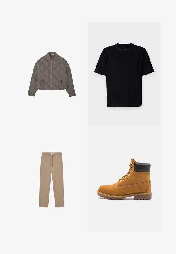 Grijze gewatteerde jas met een rits aan de voorkant, kraag en twee zijzakken, met een klein geborduurd embleem op de borst.; Zwarte katoenen T-shirt met een ronde halslijn, korte mouwen en een rechte snit. Kenmerkt zich door minimale stiksels en een zachte, gladde textuur.; Beige stretchbroek met een elastische tailleband en trekkoord, voorzien van twee zijzakken en een recht gesneden ontwerp. Soepele textuur.; Tan suède enkelboot met zwart gevoerd kraagje, gouden metalen oogjes, witte stikdetails en een robuuste rubberen zool met uitgesproken profiel.