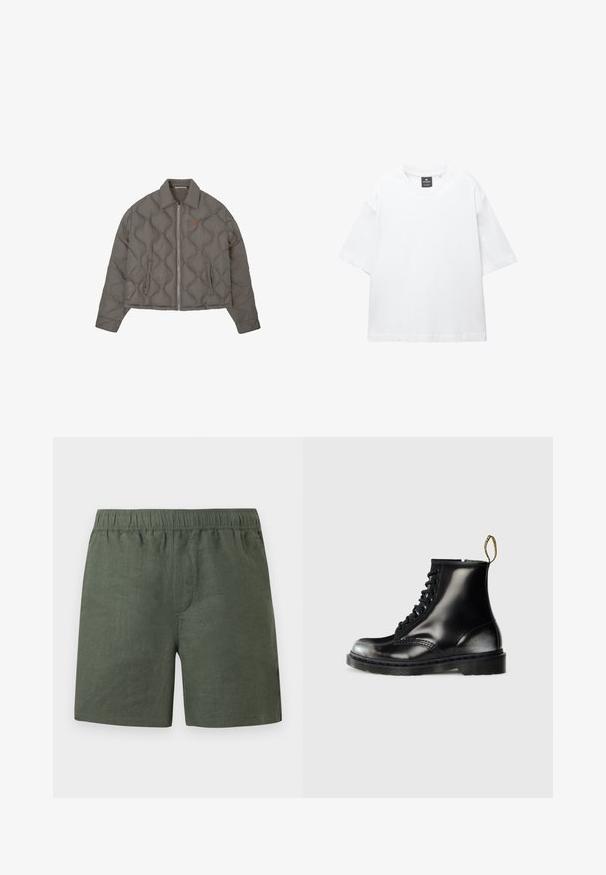 Grijze gewatteerde jas met een rits aan de voorkant, kraag en twee zijzakken, met een klein geborduurd embleem op de borst.; Witte t-shirt met korte mouwen van katoen, met een ronde hals en een relaxte fit met rechte zoom. Geen patronen of versieringen.; Groene linnen korte broek met een elastische tailleband, rechte pasvorm en zijzakken. Lichtgewicht stof met een gladde textuur.; Zwarte leren enkellaarzen met een glanzende afwerking, acht veterogen, zwarte veters en een trekloop. Voorzien van een getextureerde, gedetailleerde zool.