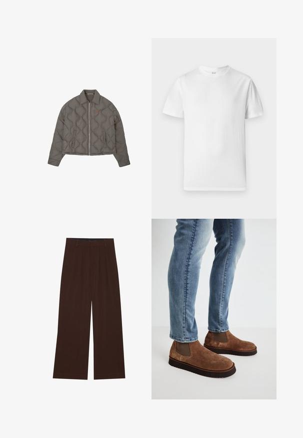 Hallhall huvipluusi, millel on esitõmblukk, krae ja kaks küljetaskut, ning millel on rindkerel väike tikitud emblem.; Valge lühikeste varrukatega T-särk, mis on valmistatud pehmest puuvillast. Omab ümmargust kaelust ja sirget äärt, millel on minimaalne detailitunne.; Pruunid laiad püksid voldikutega. Valmistatud siledast kangast, millel on kohandatud vöökoht ja küljetaskud. Tasane äär all.; Pruunist sametist pahkluu saapad elastsete külgpaneelidega, paks must kummitall, koos helesiniste kitsaste teksadega.