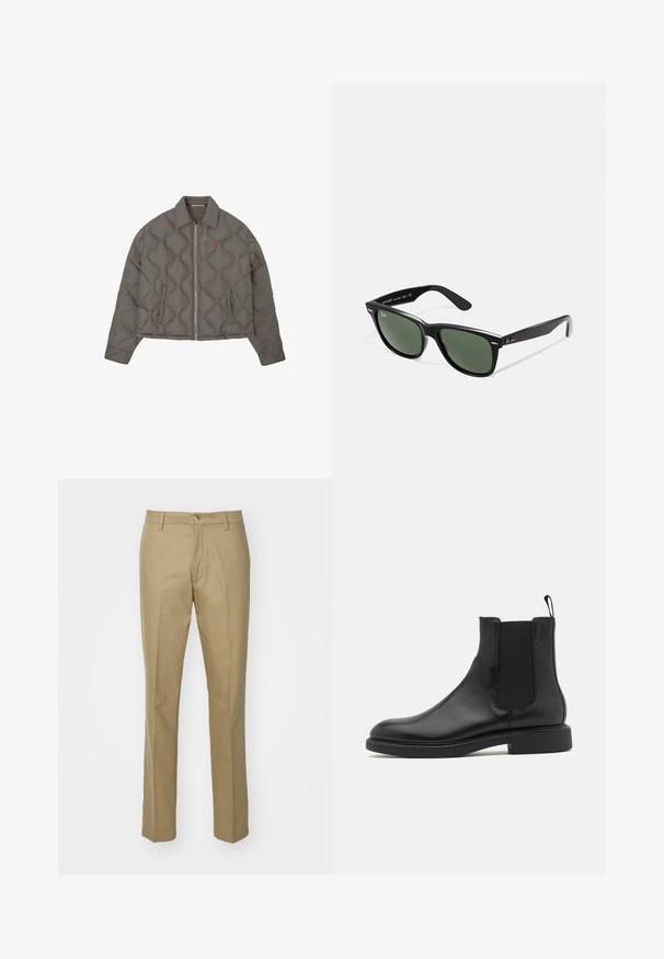 Szara pikowana kurtka z zapięciem na suwak z przodu, kołnierzykiem i dwiema bocznymi kieszeniami, z małym haftowanym emblematem na klatce piersiowej.; Biała koszulka z krótkim rękawem, wykonana z miękkiej bawełny. Posiada okrągły dekolt i prosty dół z minimalnymi detalami.; Khaki spodnie wykonane z mieszanki bawełny, o prostym kroju, z widocznymi kieszeniami z przodu, z zamek błyskawicznym oraz klasycznym paskiem w talii z pojedynczym guzikiem.; Czarny skórzany botek za kostkę o gładkiej fakturze, z elastycznymi bocznymi panelami i pętelką do zakupu. Okrągły nosek i płaska gumowa podeszwa z minimalnym bieżnikiem.; Czarne plastikowe okulary przeciwsłoneczne z zielonymi szkłami, kwadratowe oprawki, srebrny akcent na brwi oraz fakturowane ramiona temple. Nazwa marki podana na wewnętrznej stronie ramion.