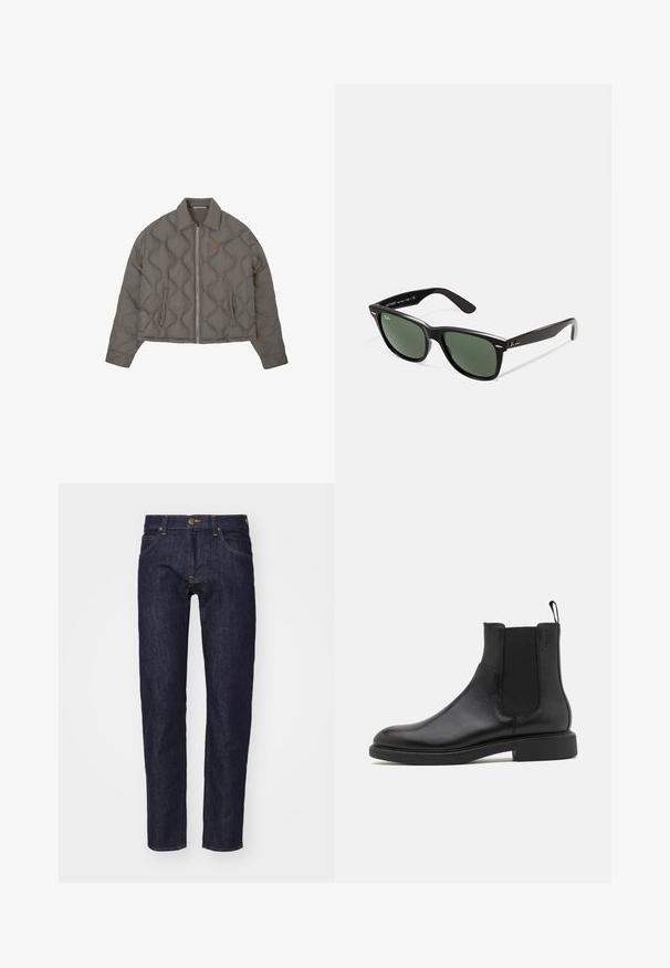 Šedá prošívaná bunda se zipem vpředu, límcem a dvěma postranními kapsami, s malým vyšitým emblémem na prsou.; Bílý krátký rukáv tričko vyrobené z měkké bavlny. Má kulatý výstřih a rovný lem s minimem detailů.; Tmavě modré džíny z denimu se rovným střihem, designem s pěti kapsami, kontrastním žlutým prošíváním a kovovým zapínáním na knoflík v pase.; Černá kožená kotníková bota s hladkým povrchem, elastickými bočními panely a poutkem. Kulatá špička a plochá gumová podrážka s minimálním vzorkem.; Černé plastové sluneční brýle se zelenými skly, čtvercové obroučky, stříbrný detail na obočí a texturované stranice. Značka uvedená na vnitřní straně stranic.