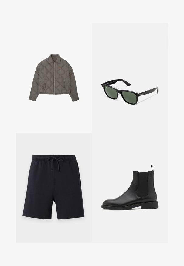 Sivé prešívané sako s predným zipsom, golierom a dvoma bočnými vreckami, ktoré má malé vyšívané emblém na hrudi.; Biela tričko s krátkym rukávom vyrobené z jemnej bavlny. Obsahuje okrúhly výstrih a rovný lem s minimálnymi detailmi.; Čierne bavlnené šortky s elastickým pásom a šnúrkou, ktoré majú jednoduchý dizajn a hladkú textúru.; Čierne kožené členkové topánky s hladkým povrchom, elastickými bočnými panelmi a pútkom. Okrúhla špička a plochá gumová podrážka s minimálnym dezénom.; Čierne plastové slnečné okuliare so zelenými šošovkami, štvorcové rámy, strieborný akcent na obočí a textúrované ramenné opierky. Brand uvedený na vnútornej strane ramien.