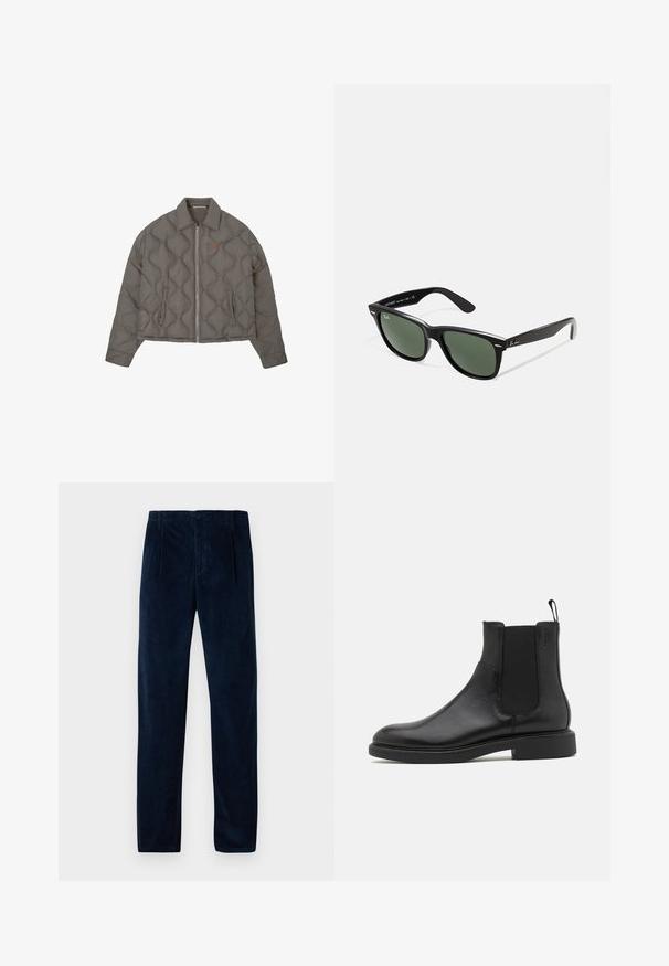 Sivé prešívané sako s predným zipsom, golierom a dvoma bočnými vreckami, ktoré má malé vyšívané emblém na hrudi.; Biela tričko s krátkym rukávom vyrobené z jemnej bavlny. Obsahuje okrúhly výstrih a rovný lem s minimálnymi detailmi.; Námornícky modré kordové nohavice s prednými plisovaním, pútkami na opasok, bočnými vreckami a zapínaním na gombík a zips, vystavené ploché na bielom pozadí.; Čierne kožené členkové topánky s hladkým povrchom, elastickými bočnými panelmi a pútkom. Okrúhla špička a plochá gumová podrážka s minimálnym dezénom.; Čierne plastové slnečné okuliare so zelenými šošovkami, štvorcové rámy, strieborný akcent na obočí a textúrované ramenné opierky. Brand uvedený na vnútornej strane ramien.